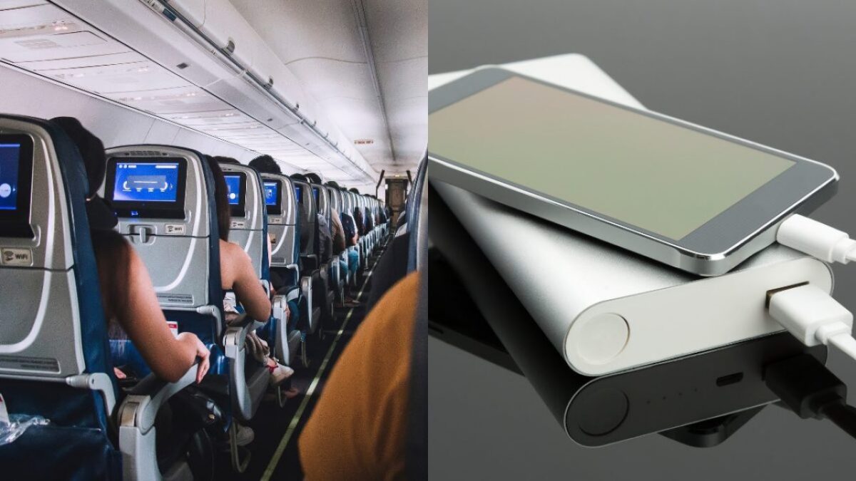 نمای تقسیم شده که در سمت چپ داخل کابین یک هواپیمای مسافربری با ردیف‌هایی از صندلی‌ها و در سمت راست یک نمای نزدیک از چند پاوربانک (Power Bank) فلزی که به یک گوشی هوشمند متصل هستند.