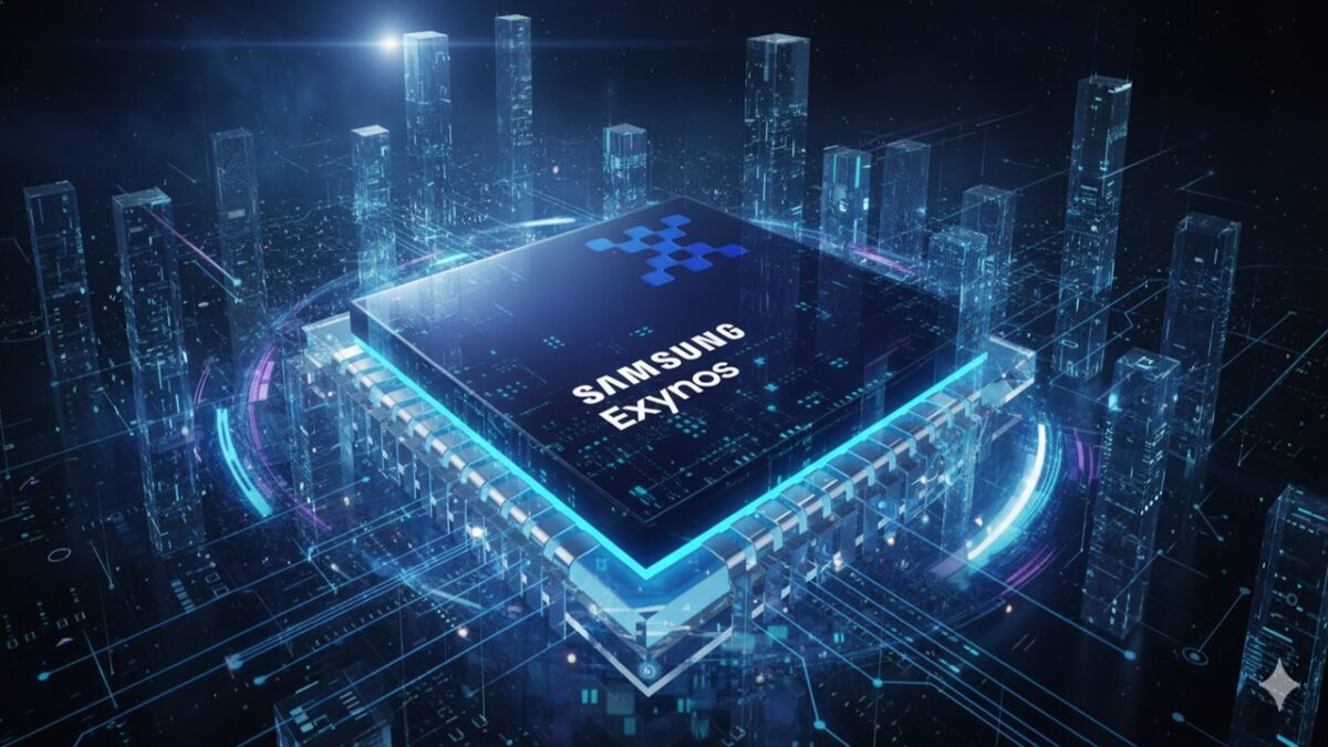 یک تراشه Samsung Exynos در یک محیط دیجیتال و آیندهنگر، که در میان ساختمانهای هولوگرافیک و اتصالات نئونی قرار گرفته است.