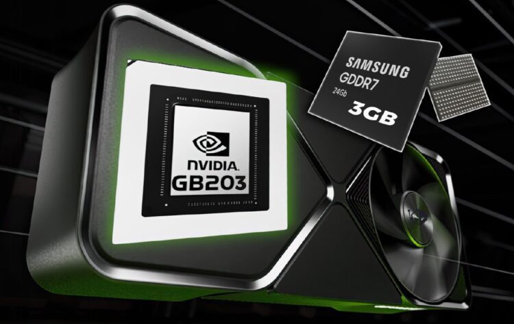 لوگوی Nvidia GB203 و یک ماژول حافظه Samsung GDDR7 (ظرفیت 3GB) که به صورت سهبعدی روی یک کارت گرافیک رندر شده با نورپردازی سبز قرار گرفتهاند.
