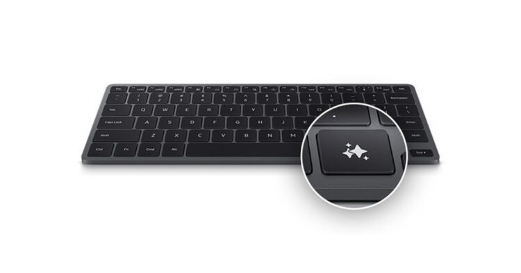 کیبورد هوشمند سامسونگ (Samsung Smart Keyboard) با کلیدهای خاکستری تیره، که یک کلید برجسته با آیکون ستارههای درخشان (احتمالاً برای هوش مصنوعی یا میانبرهای خاص) را نشان میدهد.