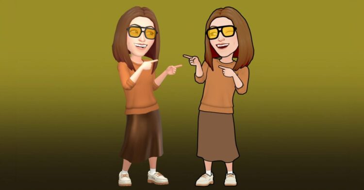 دو آواتار Bitmoji شبیه به هم، یکی با سبک سه‌بعدی و دیگری با سبک دوبعدی، که لباس‌های قهوه‌ای پوشیده‌اند و در حال اشاره به یکدیگر در یک پس‌زمینه زیتونی هستند.