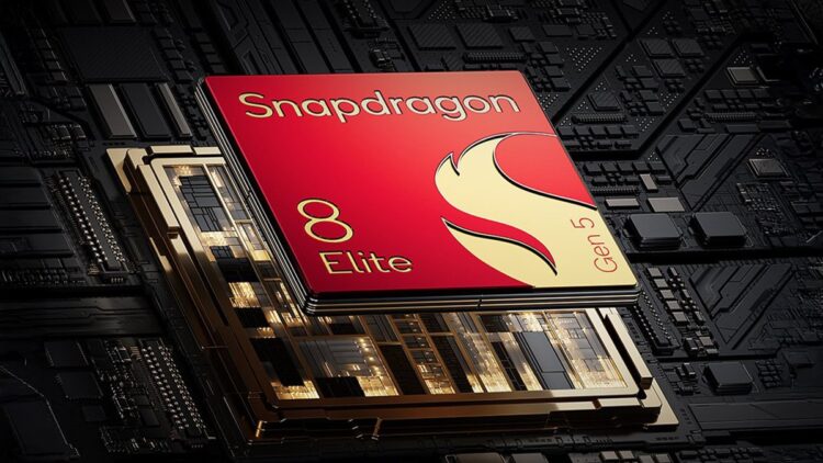 یک تصویر تبلیغاتی از تراشه Snapdragon 8 Elite Gen 5 (به رنگ قرمز و طلایی) که روی یک ماژول چیپست قرار گرفته است.