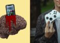 یک نمای تقسیم شده که در سمت چپ مغز انسان با خونریزی دیده میشود که یک گوشی هوشمند با برنامههای شبکههای اجتماعی داخل آن قرار دارد، و در سمت راست یک مرد در حال نگه داشتن کنترلر ایکسباکس (Xbox) است.