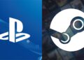 لوگوی PlayStation (PS) بر روی پس‌زمینه آبی و لوگوی Steam (دایره سفید) بر روی پس‌زمینه محو بازی‌ها، که نماد همکاری یا رقابت است.