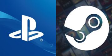 لوگوی PlayStation (PS) بر روی پس‌زمینه آبی و لوگوی Steam (دایره سفید) بر روی پس‌زمینه محو بازی‌ها، که نماد همکاری یا رقابت است.