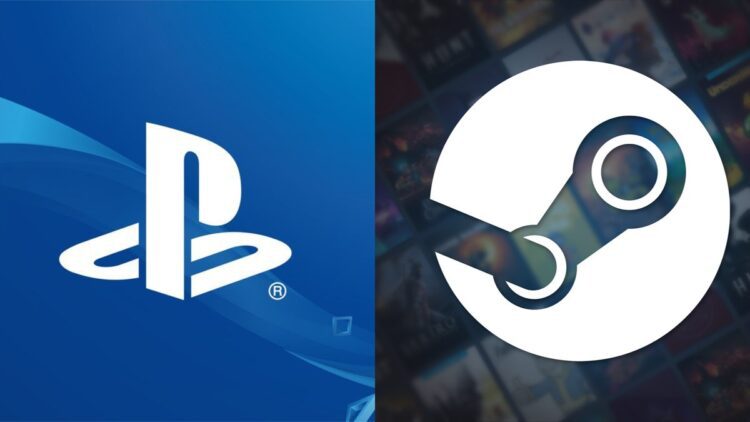 لوگوی PlayStation (PS) بر روی پس‌زمینه آبی و لوگوی Steam (دایره سفید) بر روی پس‌زمینه محو بازی‌ها، که نماد همکاری یا رقابت است.