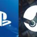 لوگوی PlayStation (PS) بر روی پسزمینه آبی و لوگوی Steam (دایره سفید) بر روی پسزمینه محو بازیها، که نماد همکاری یا رقابت است.
