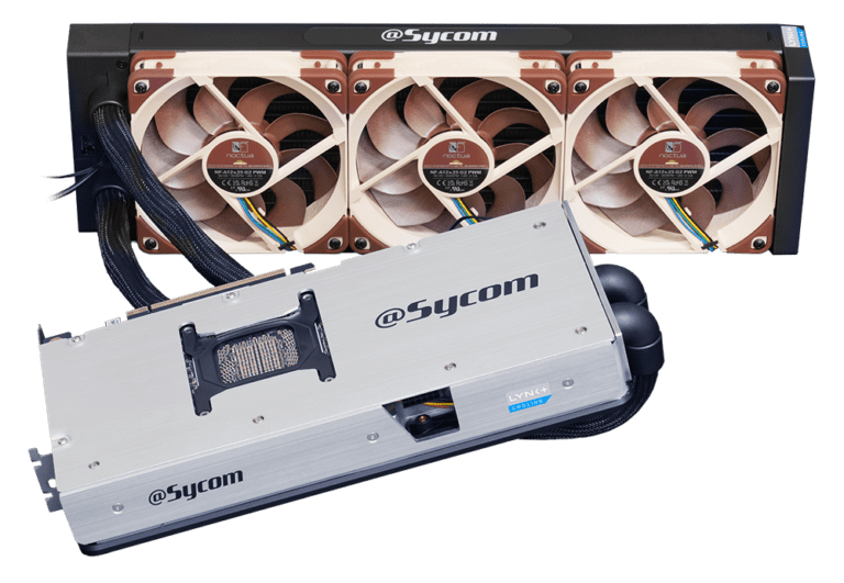 کارت گرافیک Sycom GeForce RTX 5090 Hydro LC Plus در کنار یک رادیاتور ۳۶۰ میلی‌متری، که ماژول کولر فلزی کارت گرافیک را نشان می‌دهد.