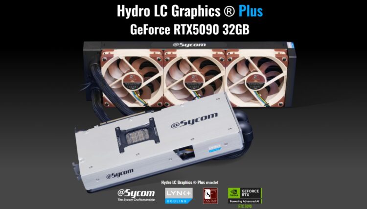 کارت گرافیک Sycom GeForce RTX 5090 Hydro LC Plus در کنار یک رادیاتور ۳۶۰ میلی‌متری، که ماژول کولر فلزی کارت گرافیک را نشان می‌دهد.