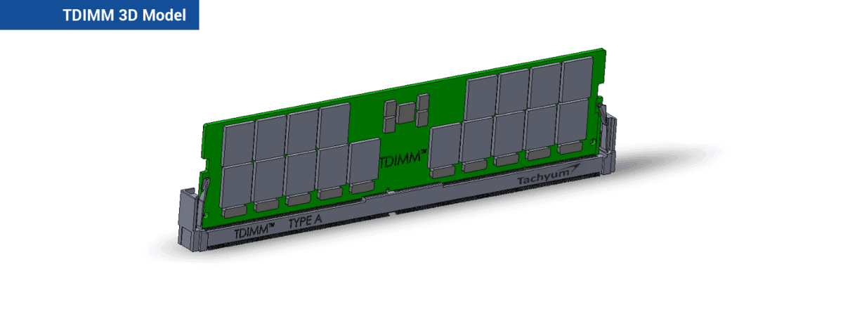 یک رندر سه‌بعدی از ماژول حافظه TDIMM (احتمالاً Tachyum) که چیپ‌های DRAM را در دو طرف برد مدار چاپی سبز رنگ نشان می‌دهد.