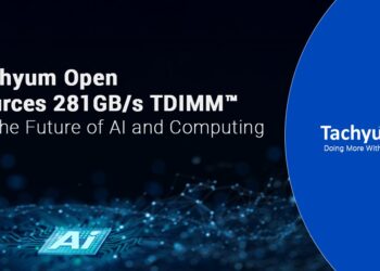 اسلاید تبلیغاتی Tachyum که TDIMM DDR5 را با سرعت ۲۸۱ گیگابایت بر ثانیه برای هوش مصنوعی و محاسبات متن‌باز (Open Sources) اعلام می‌کند، همراه با یک تراشه AI در پیش‌زمینه.