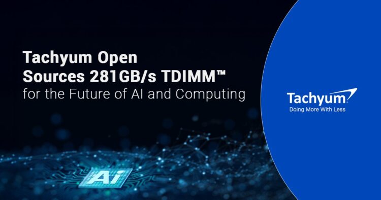 اسلاید تبلیغاتی Tachyum که TDIMM DDR5 را با سرعت ۲۸۱ گیگابایت بر ثانیه برای هوش مصنوعی و محاسبات متن‌باز (Open Sources) اعلام می‌کند، همراه با یک تراشه AI در پیش‌زمینه.
