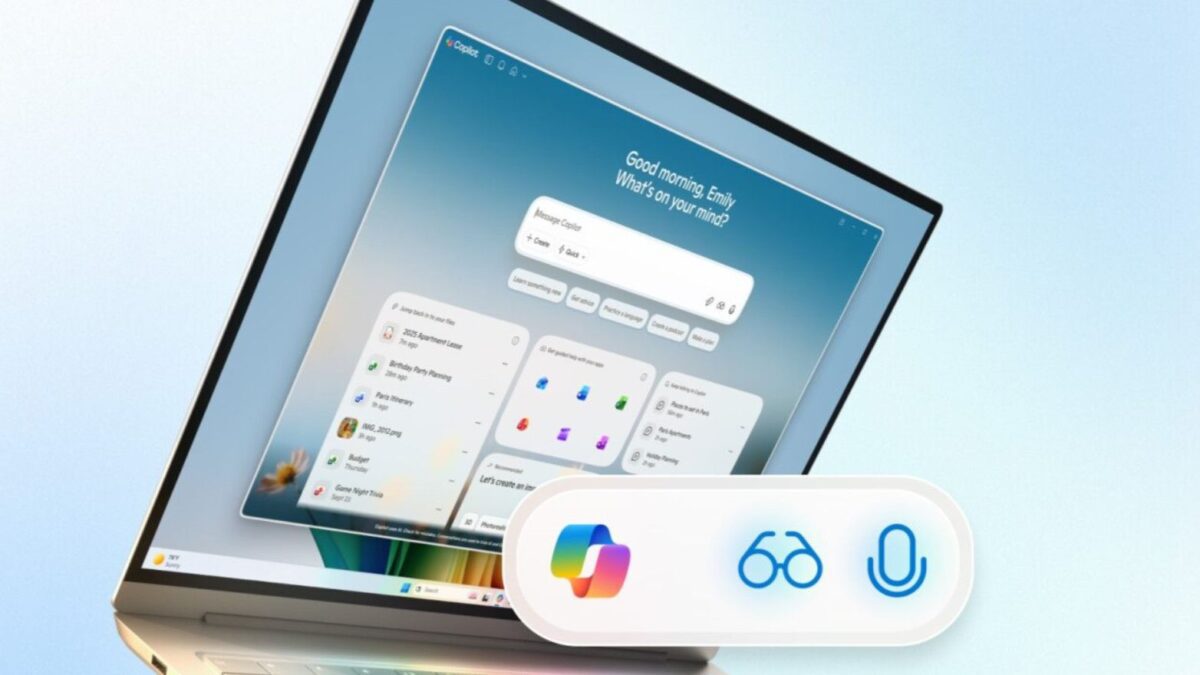لپتاپی که رابط کاربری Copilot ویندوز را با کارتهای تعاملی و ویجتهای هوش مصنوعی در پایین نمایش میدهد.