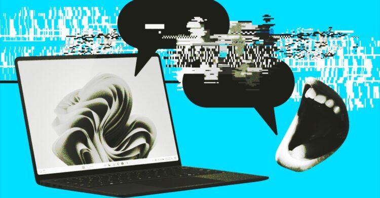 یک لپتاپ که صفحه نمایش ویندوز ۱۱ آن باز است، با حبابهای گفتاری دیجیتالی خراب شده (glitched) و یک دهان باز در کنار آن که نمادی از تجربه ضعیف یا سردرگمی در استفاده از هوش مصنوعی Copilot است.