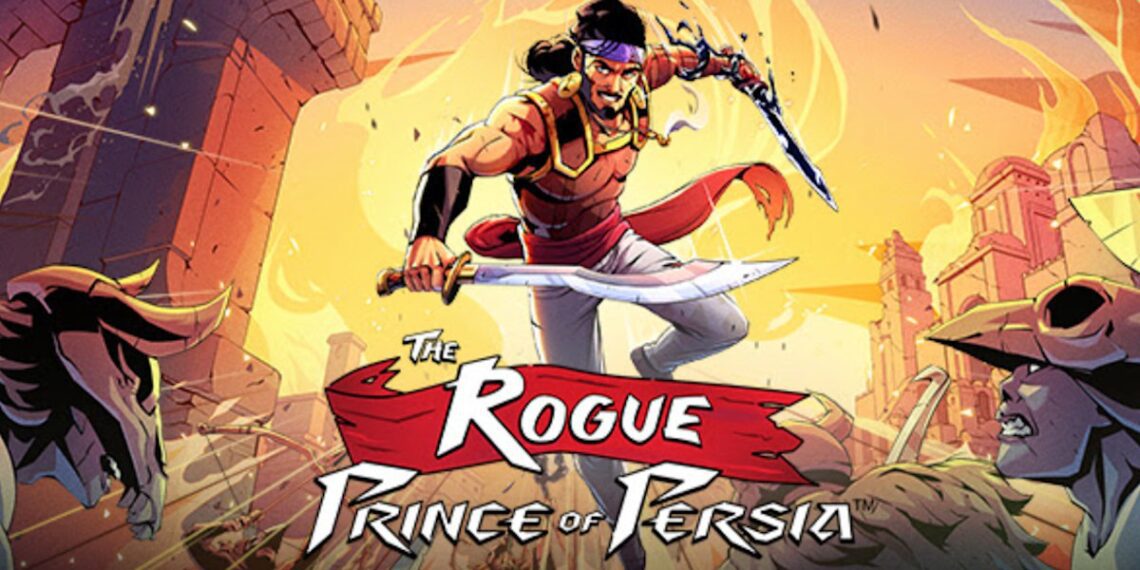 طرحی از شخصیت اصلی "The Rogue Prince of Persia" با شمشیر، لباس زره‌پوش و رگه‌های خون روی بازو، در برابر پس‌زمینه‌ای با غروب خورشید و خرابه شهر.