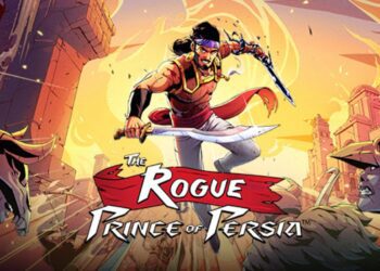 طرحی از شخصیت اصلی "The Rogue Prince of Persia" با شمشیر، لباس زره‌پوش و رگه‌های خون روی بازو، در برابر پس‌زمینه‌ای با غروب خورشید و خرابه شهر.