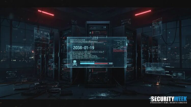 یک مرکز داده (Data Center) تاریک و آیندهنگر، با نمایشگر هولوگرافیک که تاریخ "2038-01-19" و یک جمجمه و استخوان را نمایش میدهد، که نمادی از باگ Y2K38 است.