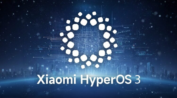 تصویر پسزمینه برفی و شبانه یک شهر، با لوگوی بزرگ و سفید رنگ Xiaomi HyperOS 3 در مرکز و متن "Xiaomi HyperOS 3" در پایین.