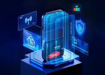 اینفوگرافیک تبلیغاتی صفحه نمایش حرفه‌ای Tianma با NFC یکپارچه، که ویژگی‌هایی مانند Touchscreen NFC و ارتقاء فاصله حسگر را با تصاویر هولوگرافیک نشان می‌دهد.