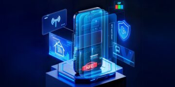 اینفوگرافیک تبلیغاتی صفحه نمایش حرفه‌ای Tianma با NFC یکپارچه، که ویژگی‌هایی مانند Touchscreen NFC و ارتقاء فاصله حسگر را با تصاویر هولوگرافیک نشان می‌دهد.