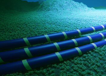 کابلهای ارتباطی زیردریایی آبی تیره با نوارهای سبز روشن که روی کف دریا با پوشش گیاهی یا جلبکهای سبز و آبی قرار گرفتهاند.