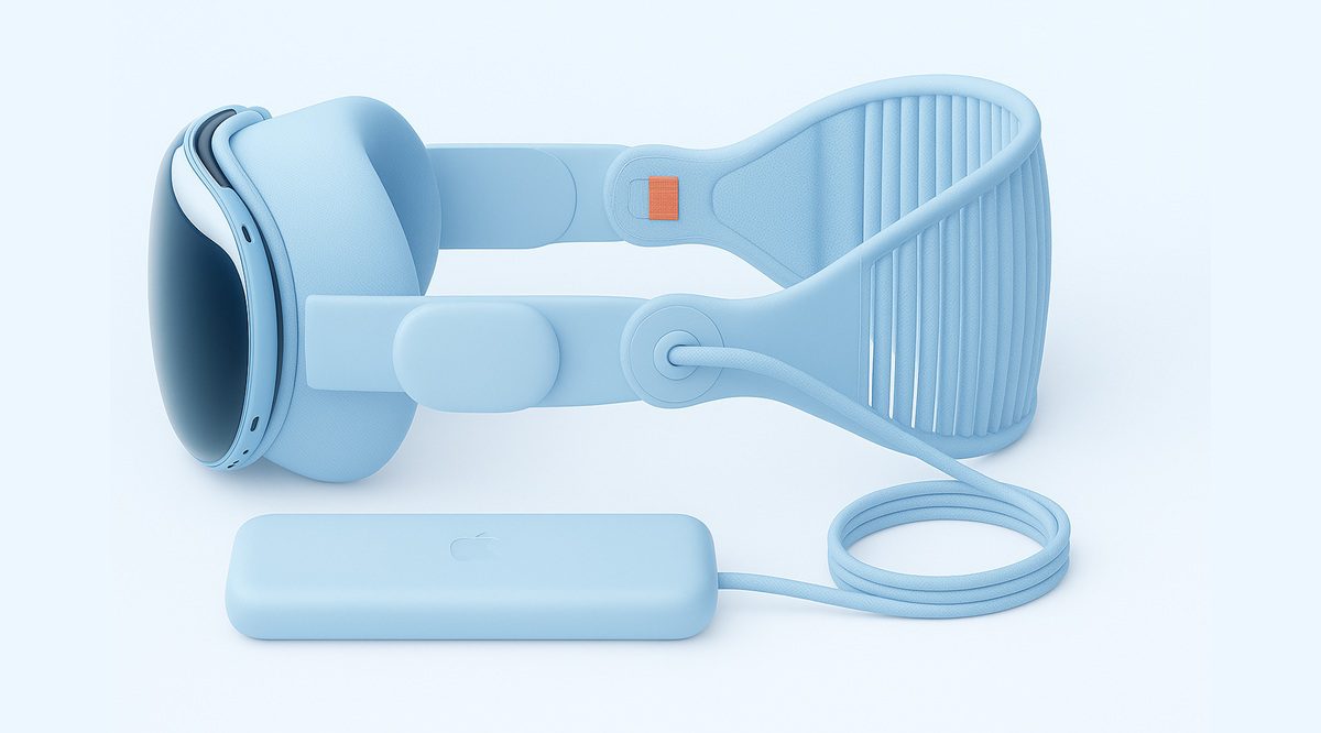 یک رندر از Apple Vision Pro به رنگ آبی روشن با بند سر بافتدار و بسته باتری خارجی که روی یک پسزمینه آبی روشن قرار گرفته است.