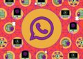 یک تصویر تکراری با الگوی شبکهای به رنگ قرمز و نارنجی که آیکون واتساپ در مرکز و عناصر مرتبط با حریم خصوصی و امنیت سایبری در اطراف آن قرار دارد.