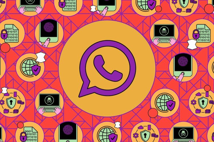 یک تصویر تکراری با الگوی شبکه‌ای به رنگ قرمز و نارنجی که آیکون واتساپ در مرکز و عناصر مرتبط با حریم خصوصی و امنیت سایبری در اطراف آن قرار دارد.