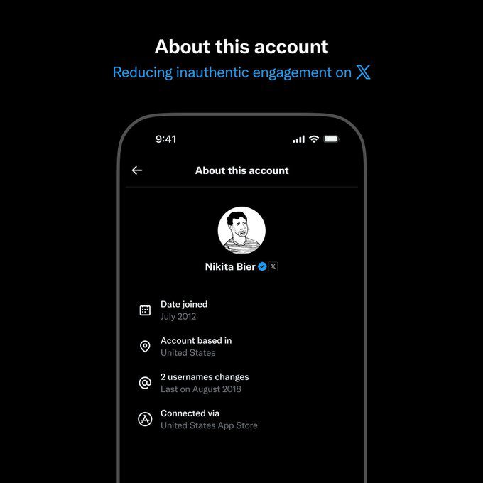 اسکرینشات از صفحه تنظیمات "About your account" در X که گزینههای انتخاب منطقه/کشور را ارائه میدهد و هشدار میدهد که استفاده از VPN ممکن است کشور نمایش داده شده را تغییر دهد.