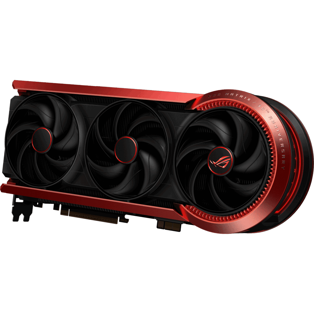 کارت گرافیک ASUS ROG Matrix GeForce RTX 5090 با طراحی سهفن مشکی و هیتسینک و قاب قرمز متالیک، که عبارت "ROG MATRIX 30TH ANNIVERSARY" روی آن حک شده است.