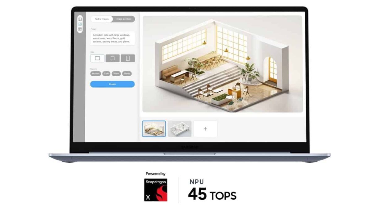 لپتاپ Samsung Galaxy Book 5 Edge در حالت باز با یک رابط کاربری هوش مصنوعی برای تولید تصویر که عبارت "A modern cafe with large windows..." را به یک رندر ۳D از یک کافه تبدیل میکند و نشانگر "Powered by Snapdragon X NPU 45 TOPS" در پایین دیده میشود.