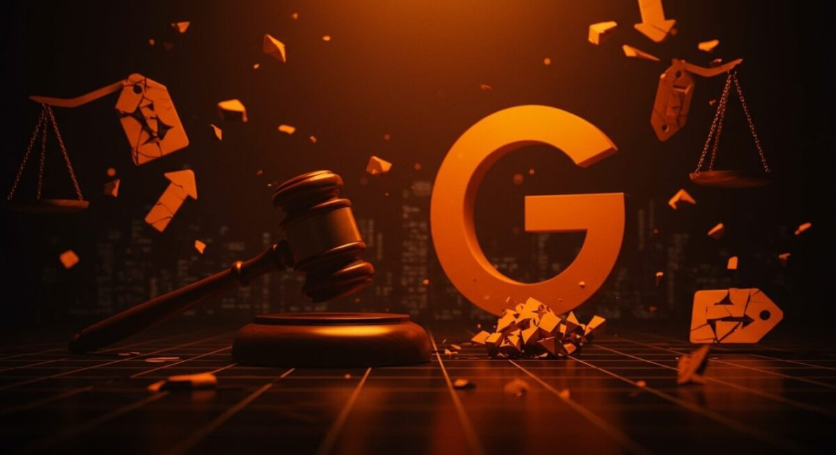 یک چکش قضاوت (Gavel) در یک محیط تیره و نارنجی رنگ که لوگوی بزرگ "G" گوگل و تکههای خرد شده در اطراف آن و نمادهای ترازو و برچسب قیمت شکسته در پسزمینه دیده میشود.