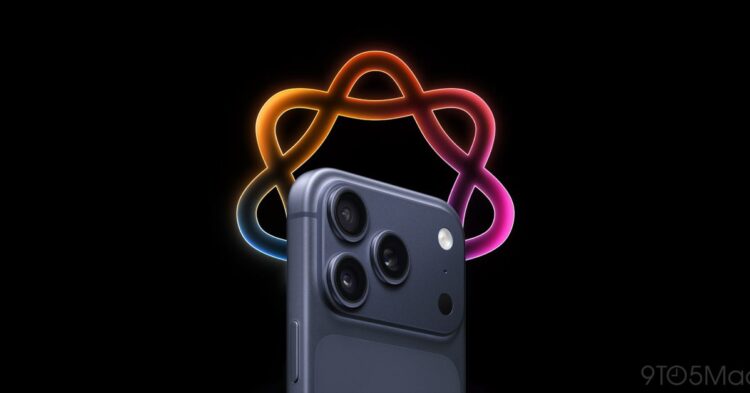 نمای پشت یک آیفون با ماژول سه لنز دوربین، که در پس‌زمینه‌ای کاملاً مشکی قرار گرفته و بالای آن یک لوگوی حلقوی و درخشان با رنگ‌های نارنجی و صورتی دیده می‌شود که احتمالاً نشان‌دهنده ویژگی‌های هوش مصنوعی است.