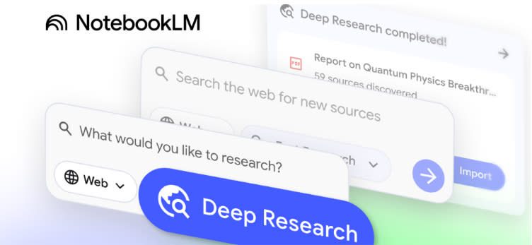 سه کادر جستجوی روی هم قرار گرفته که نشان‌دهنده ویژگی "Deep Research" در NotebookLM گوگل است، با کادری که عبارت "Deep Research completed!" و یک فایل PDF را نشان می‌دهد.
