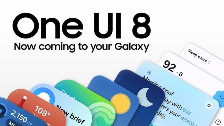 ردیفی از کارتهای رابط کاربری با طراحی رنگارنگ و متن "One UI 8" و "Now coming to your Galaxy" که در پسزمینه سفید قرار گرفتهاند.