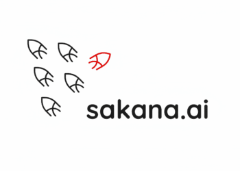 لوگوی Sakana AI که شامل شش نماد ماهی انتزاعی است که یکی از آنها قرمز رنگ و متمایز است، همراه با آدرس وبسایت "sakana.ai" به رنگ سیاه.