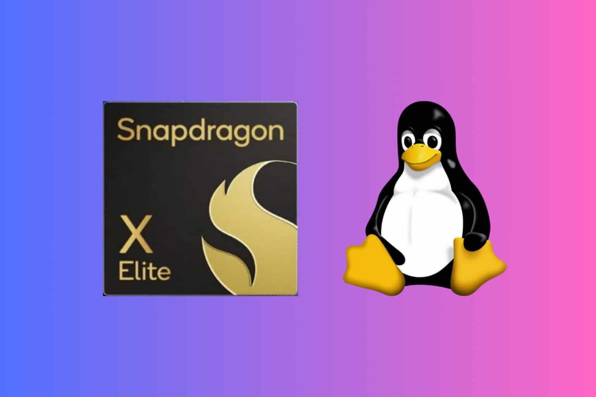 لوگوی Snapdragon X Elite در کنار توکس (Tux)، نماد لینوکس، بر روی یک پسزمینه گرادیانتی آبی، صورتی و بنفش.