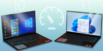 دو لپ‌تاپ (یکی ویندوز ۱۰ و دیگری ویندوز ۱۱) که در کنار یکدیگر قرار گرفته‌اند و یک نشانگر سرعت سنج (Speedometer) در مرکز آن‌ها، که مقایسه سرعت دو سیستم عامل را نشان می‌دهد.