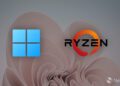 لوگوی Windows (چهار مربع آبی) و لوگوی Ryzen AMD (طرح نارنجی/قرمز) که در مقابل پس‌زمینه تصویر زمینه ویندوز ۱۱ قرار گرفته‌اند.