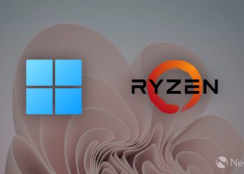 لوگوی Windows (چهار مربع آبی) و لوگوی Ryzen AMD (طرح نارنجی/قرمز) که در مقابل پس‌زمینه تصویر زمینه ویندوز ۱۱ قرار گرفته‌اند.