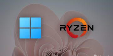 لوگوی Windows (چهار مربع آبی) و لوگوی Ryzen AMD (طرح نارنجی/قرمز) که در مقابل پس‌زمینه تصویر زمینه ویندوز ۱۱ قرار گرفته‌اند.