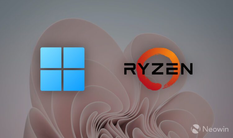 لوگوی Windows (چهار مربع آبی) و لوگوی Ryzen AMD (طرح نارنجی/قرمز) که در مقابل پس‌زمینه تصویر زمینه ویندوز ۱۱ قرار گرفته‌اند.