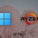 لوگوی Windows (چهار مربع آبی) و لوگوی Ryzen AMD (طرح نارنجی/قرمز) که در مقابل پس‌زمینه تصویر زمینه ویندوز ۱۱ قرار گرفته‌اند.