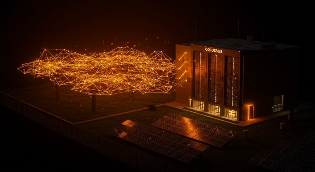 رندر سهبعدی از دیتاسنتر Colossus شرکت xAI با پنلهای خورشیدی در جلوی آن و یک شبکه عصبی (Neural Network) درخشان نارنجی که انرژی را به ساختمان منتقل میکند.