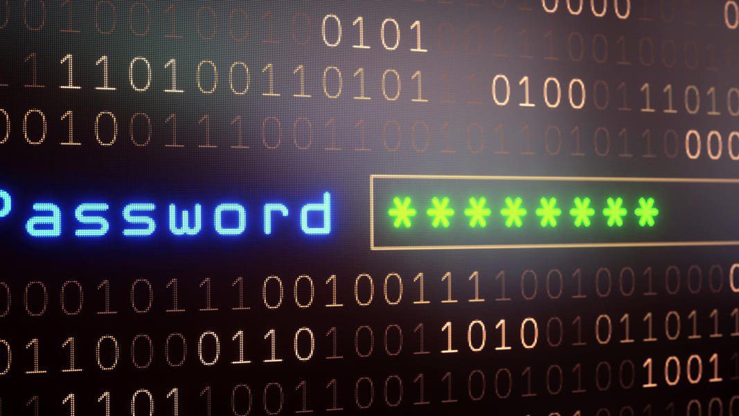 کلمه "Password" به رنگ آبی و فیلد رمز عبور با ستاره‌های سبز رنگ بر روی یک پس‌زمینه باینری با کدهای صفر و یک دیده می‌شود.