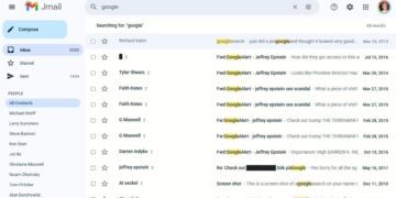 رابط کاربری ایمیل "Jmail" (شبیه به Gmail) که در حال جستجو برای "google" است و نتایجی را نشان می‌دهد که با جفری اپستین و نام‌های مرتبط علامت‌گذاری شده‌اند.
