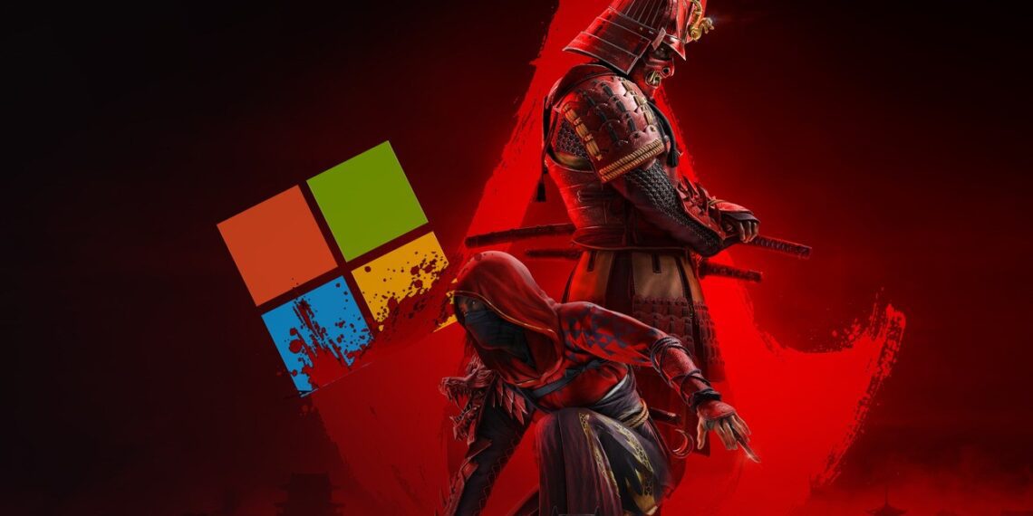 پوستری از بازی اساسینز کرید شدوز و لوگوی ویندوز که بهصورت اریب پشت لوگوی بازی قرار گرفته