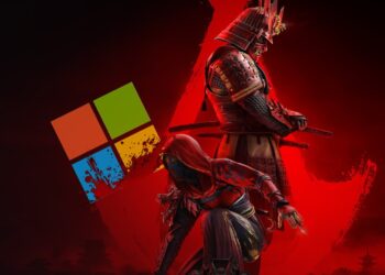 پوستری از بازی اساسینز کرید شدوز و لوگوی ویندوز که به‌صورت اریب پشت لوگوی بازی قرار گرفته