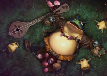 اثر هنری رسمی Largo، هیروی جدید Dota 2، در نمای بالا از فضایی جنگلی، با ساز موسیقی باردی و موجودات همراه در حال اجرای تم موسیقایی