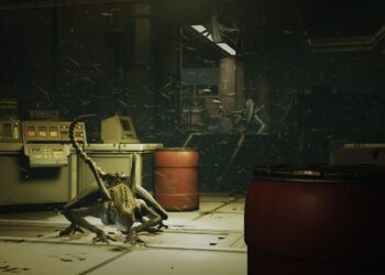 نمایی از موجود بیگانه Xenomorph در محیط صنعتی یک ایستگاه فضایی، با نورپردازی تیره، بشکه‌های فلزی و فضای پرتنش در سبک ترس بقاء